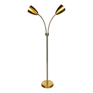 Mid Century Modern / Space Age Gooseneck Double Floor Lamp in Brass / Gold Tone For Sale