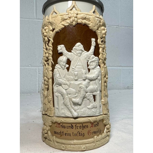 Antique 1800's German Mettlach Villeroy Boch Pottery Pewter Lidded Beer Stein For Sale - Image 9 of 14
