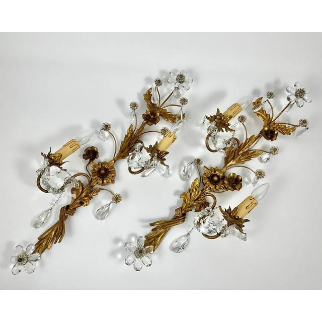 Gilt Metal Sconces with Crystal Flowers from Banci Firenze, Italy, 1950s, Set of 2 For Sale - Image 11 of 11