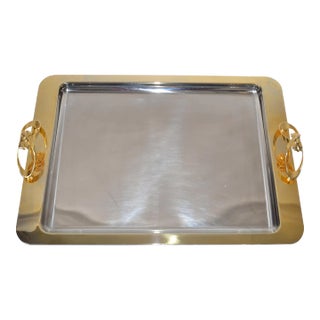1980s Italian Art Deco Style Inox 18/10 Stainless Steel Serving Tray with Gold Leaf Bow Handles For Sale