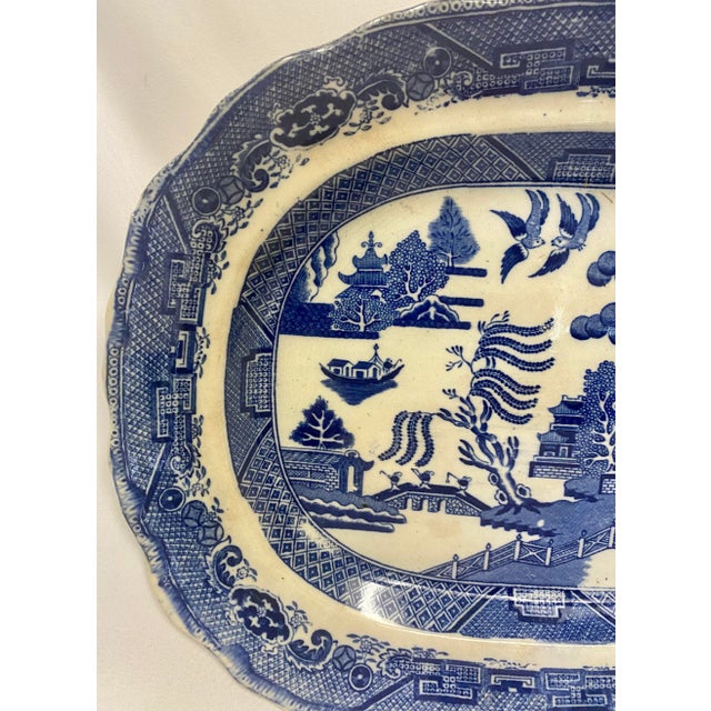 English Antique Blue Willow Serving Platter With a Unique Scalloped Edge From England - Circa 19th Century For Sale - Image 3 of 12