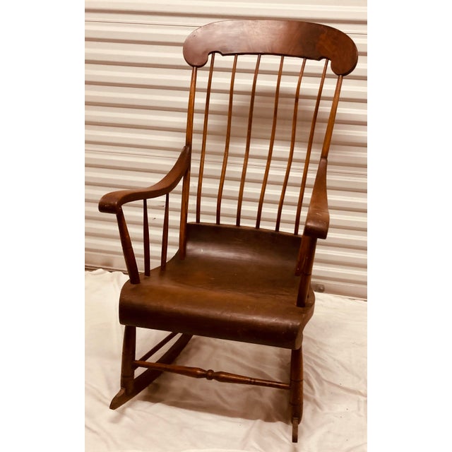 Wood Classic Antique Primitive American Mahagony Spindle Back Rocking Chair For Sale - Image 7 of 10