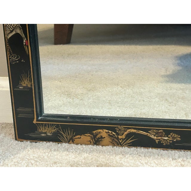 Paint Mid-20th Century Chinoiserie Black Lacquer Hand-Painted Wall Mirror For Sale - Image 7 of 8