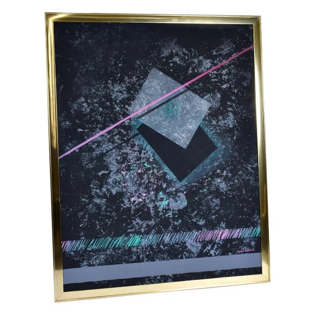 Art Deco Dana 1980s Large Black Pink and Blue Geometric Memphis Style Painting For Sale - Image 3 of 14