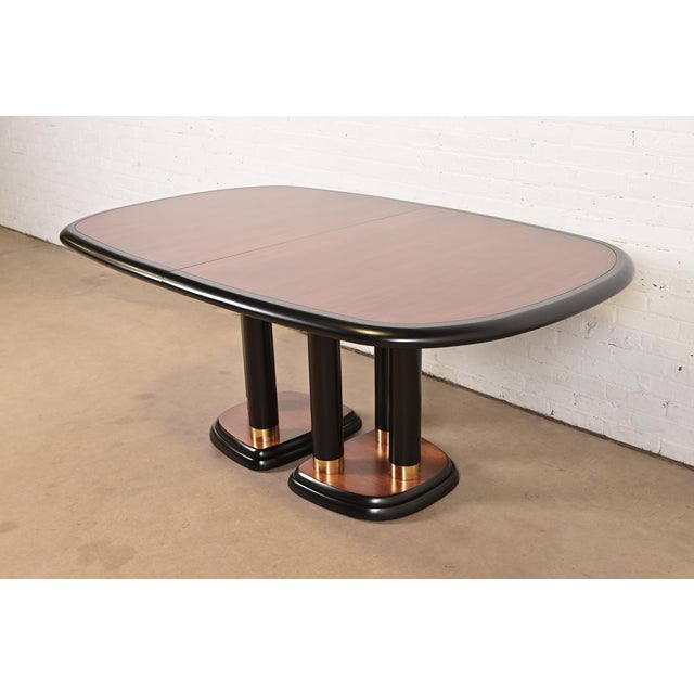 Brown Drexel Heritage Modern Art Deco Walnut and Black Lacquered Double Pedestal Extension Dining Table, Newly Refinished For Sale - Image 8 of 14