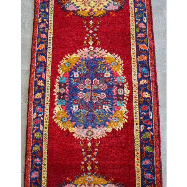 1950s Hand-Knotted Turkish Runner Rug Bold Colors Tribal Hallway Decor Lady Bug Pattern Unused - 3'4" X 13' For Sale - Image 12 of 17