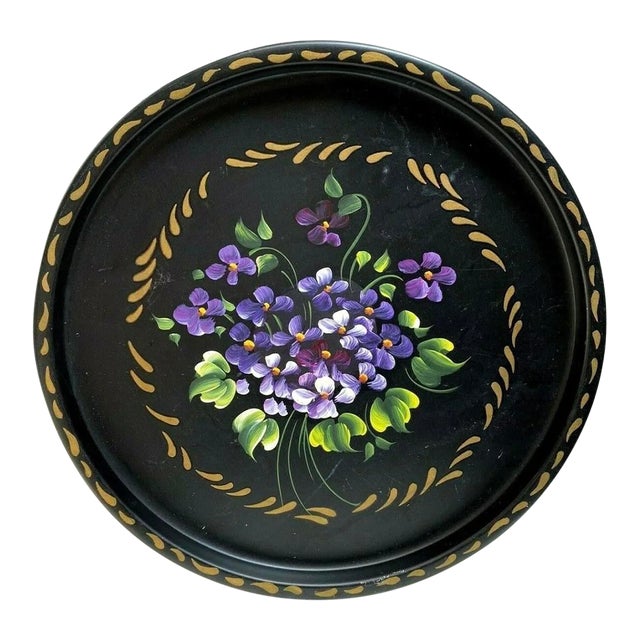 Mid Century Vintage Black Round Tray With Hand Painted Violets For Sale