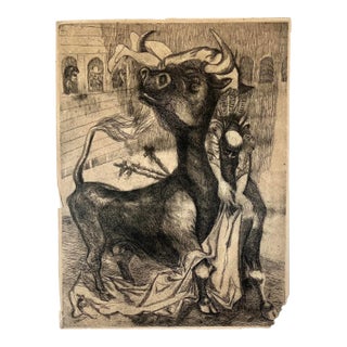 Midcentury Modern Matador and Bull Etching C.1950 For Sale