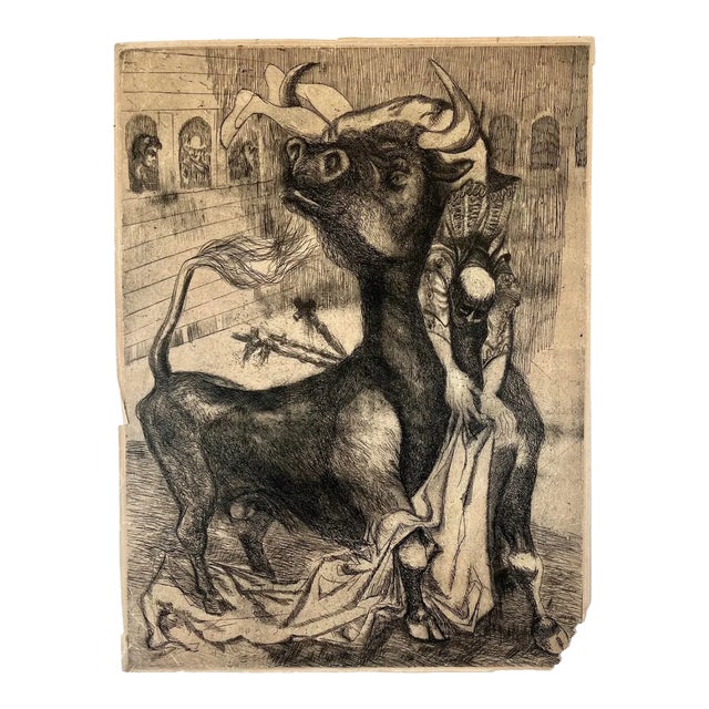 Midcentury Modern Matador and Bull Etching C.1950 For Sale