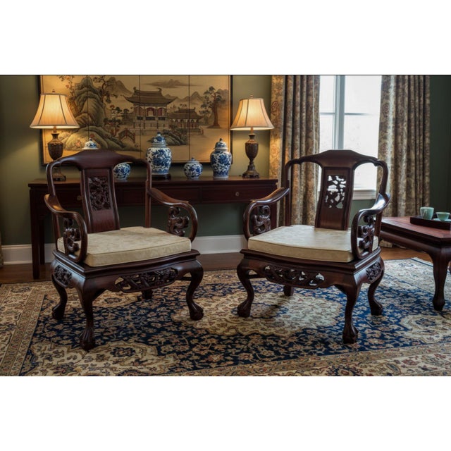 Exquisite Pair of 20th C. Chinese Hand-Carved Rosewood “Imperial Dragon” Armchairs Hongmu Mid Century For Sale - Image 13 of 13