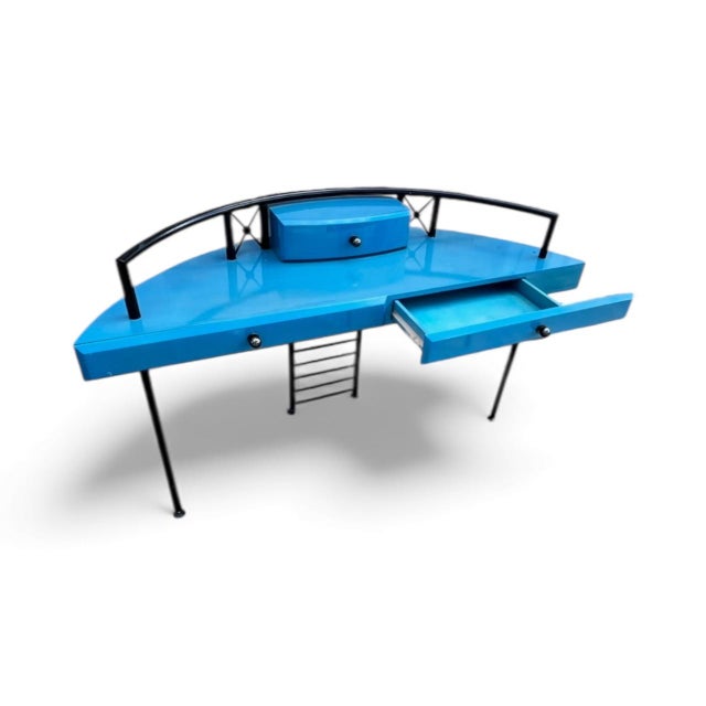 Postmodern Vintage Postmodern Blue Lacquer Demi-Lune Writing Desk or Vanity For Sale - Image 3 of 8