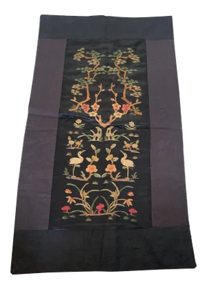 Vintage Chinese Hand Embroidered Floral Trees & Cranes Textile