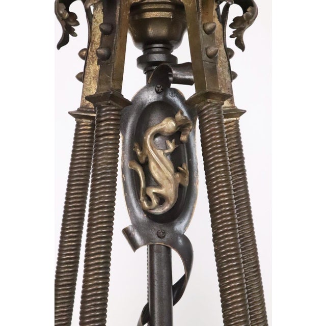 Metal Early 20th Century Cast Bronze Highly Ornate Chandelier With Original Etched Glass Down Shades For Sale - Image 7 of 16