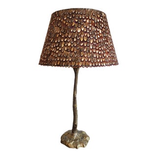 Late 20th Century Brass Faux Bois Art Nouveau Style Lamp With Partrige Feather Shade For Sale