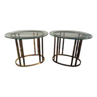 Late 20th Century Pair of Brass And Glass Oval Shaped End Tables For Sale