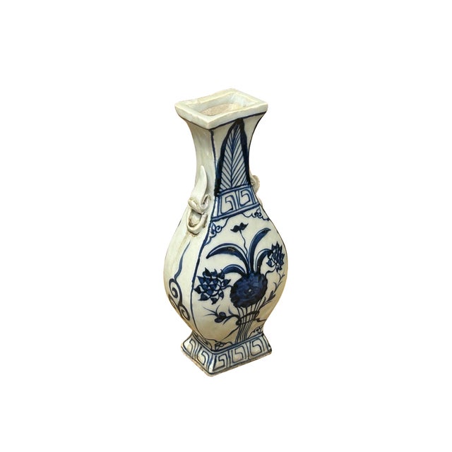 Small Distressed Finish Pear Shape Blue White Graphic Porcelain Vase For Sale - Image 4 of 7