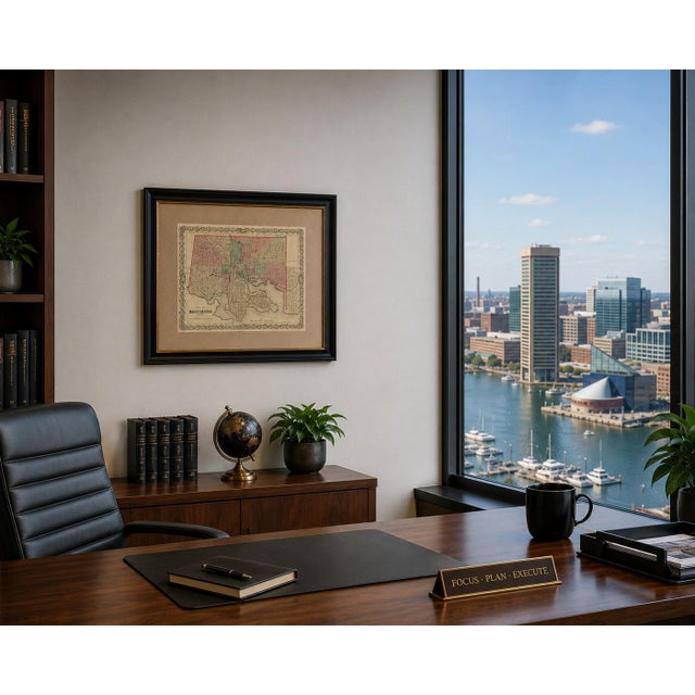 American Antique Baltimore, Maryland City Map | Hand-Colored Engraving | Custom Framed For Sale - Image 3 of 3