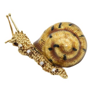 Whimsical Large Enamel and Diamond Yellow Gold Snail Brooch For Sale