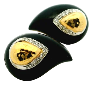 Vintage Maz 14k Gold Onyx and Diamond Clip Earrings, A Pair