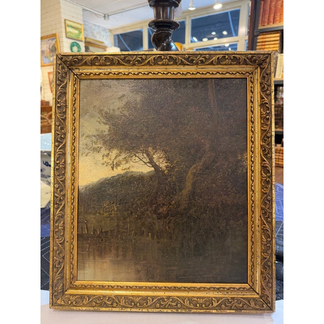 Antique Oil Painting French Lake Landscape For Sale - Image 9 of 9