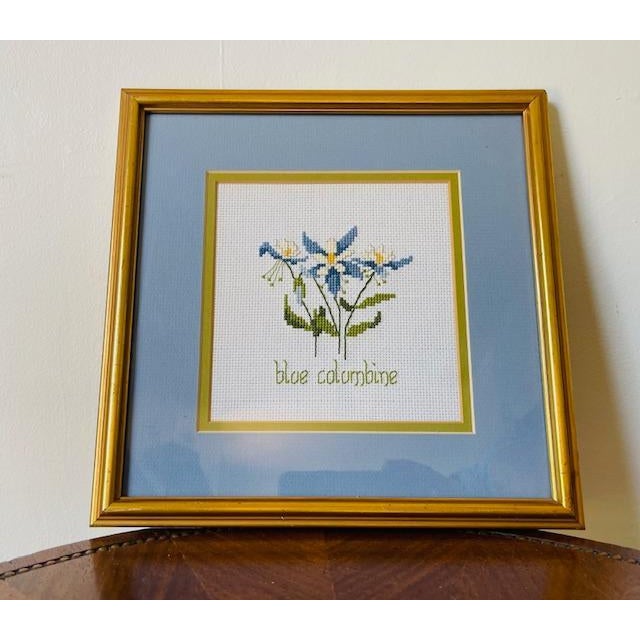 American Petite "Blue Columbine" Needlework, Vintage For Sale - Image 3 of 9