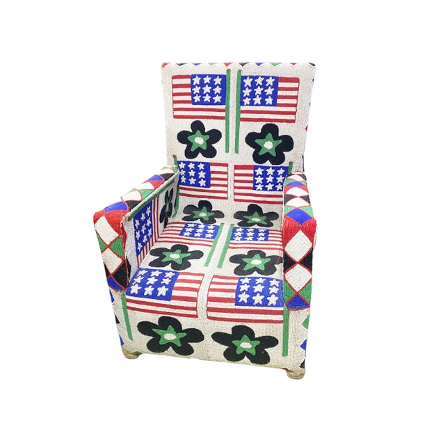 Vintage African Nobility Nigerian Yoruba Beaded ArmChair W/ Stylized American Flags. For Sale - Image 9 of 11