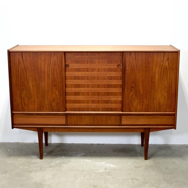 Mid-Century Modern 1950s Danish Teak Tall Sideboard / Highboard With Inlaid Veneer Design For Sale - Image 3 of 17