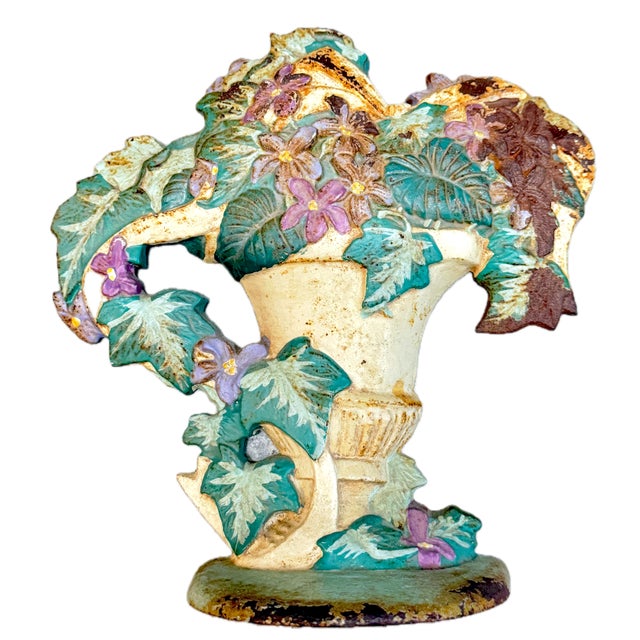 Traditional Vintage Iron Floral Urn Doorstop For Sale - Image 3 of 6