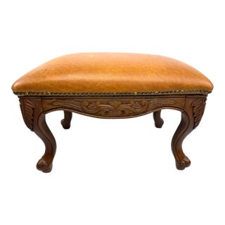 Vintage Carved Wood Stool With Genuine Leather Upholstery For Sale