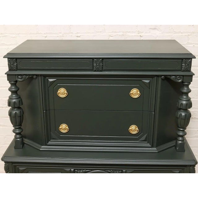 Antique Hunter Green Highboy Dresser With Ornate Carved Details For Sale - Image 10 of 11