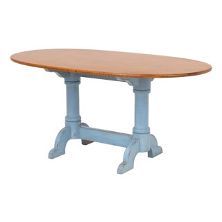 Tiger Maple Top Blue Painted Dining Table For Sale