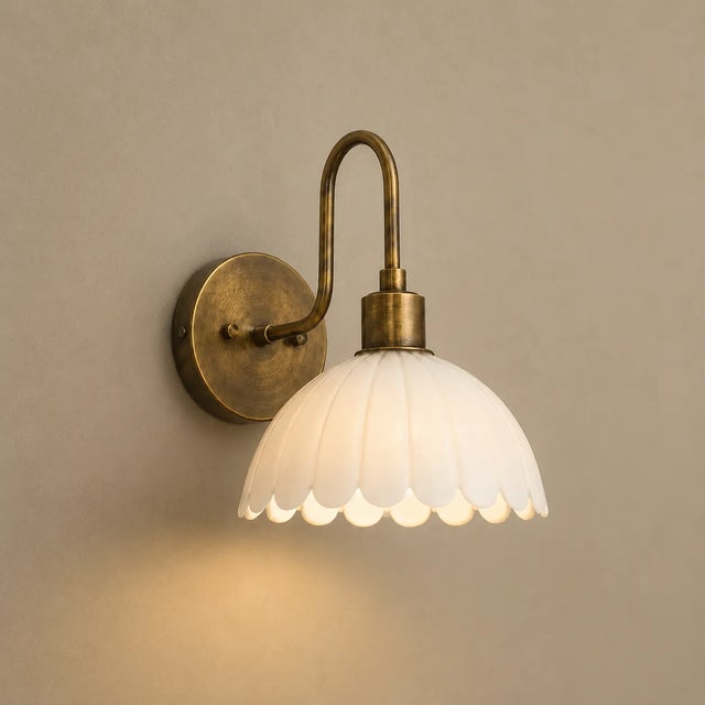 Handcrafted Brass Wall Sconce With Scalloped Opal Glass Shade, Bedroom Wall Lamp For Sale - Image 6 of 8