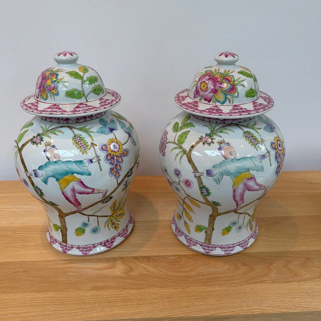 Ceramic Pair of Altfield Hong Kong Hand-Painted Chinoiserie Porcelain Ginger Jars, 18” For Sale - Image 7 of 12