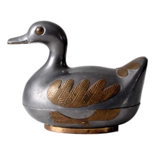 Vintage Pewter and Brass Duck Trinket Box For Sale