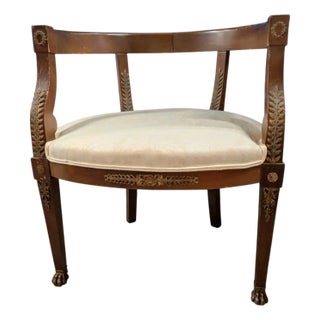 Early 20th Century Sheraton-Style Barrel-Back Armchair With Brass Ormolu and Paw Feet For Sale