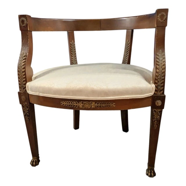 Early 20th Century Sheraton-Style Barrel-Back Armchair With Brass Ormolu and Paw Feet For Sale