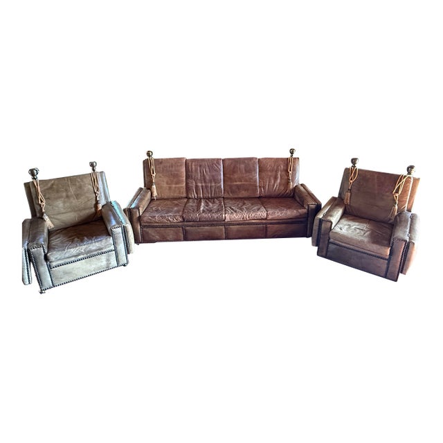 Mid 19th Century Knole Style Antique Leather 4 Seater Drop Arm Sofa and 2 Chairs For Sale