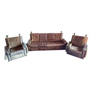 Mid 19th Century Knole Style Antique Leather 4 Seater Drop Arm Sofa and 2 Chairs