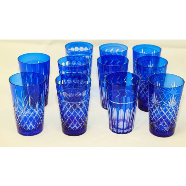 Art Deco Cobalt Blue Cut to Clear Crystal Drinking Rock Glasses Tumblers Set of 11 For Sale - Image 3 of 13