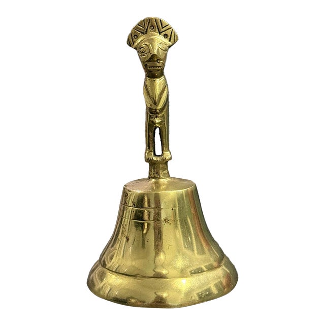 Vintage 1960s Solid Brass Bell – Pre-Columbian Andean Inca Inspired Figural Handle – 5” For Sale