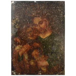 19th Century Mexican Folk Art Retablo on Metal of St. Joseph and Baby Jesus