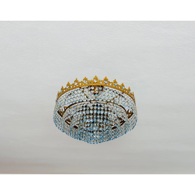 1960s Vintage French Crown Style Flush Mount Brass Chandelier With Soft Blue Crystals⁠ For Sale - Image 10 of 17