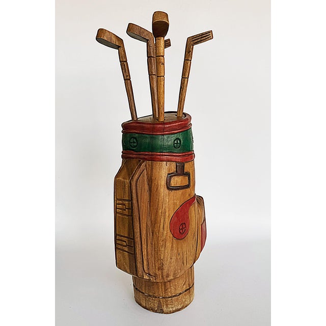 1960s Vintage Life-Sized Carved Wood Set of Golf Clubs Sculpture and Bag For Sale - Image 5 of 10
