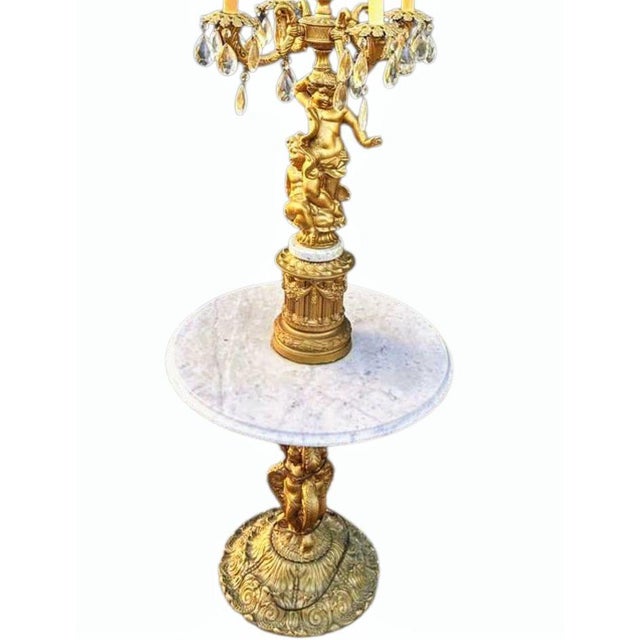 Victorian Rare Vintage Hollywood Regency Figural Cherub Candelabra Floor Lamp With Integrated Marble Table Available Now at Vintage Royale Usa. For Sale - Image 3 of 7