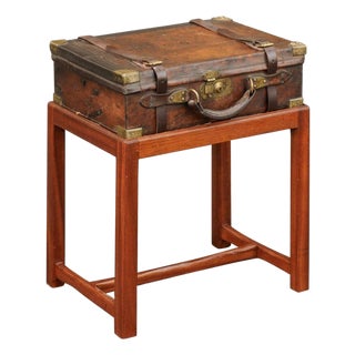 English Leather Bound Box on Rectangular Mahogany Custom Stand, circa 1880 For Sale
