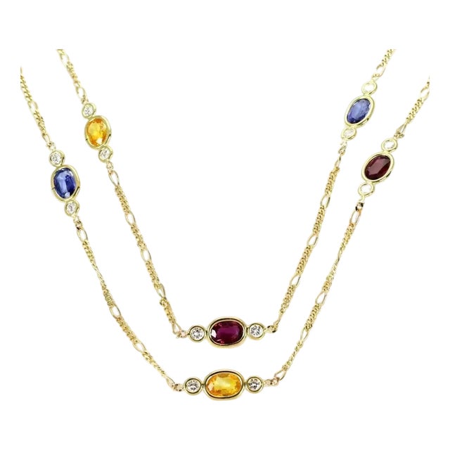 Estate 18.40ct Diamond & Sapphire 14k Yellow Gold Figaro Chain Necklace 30" L For Sale