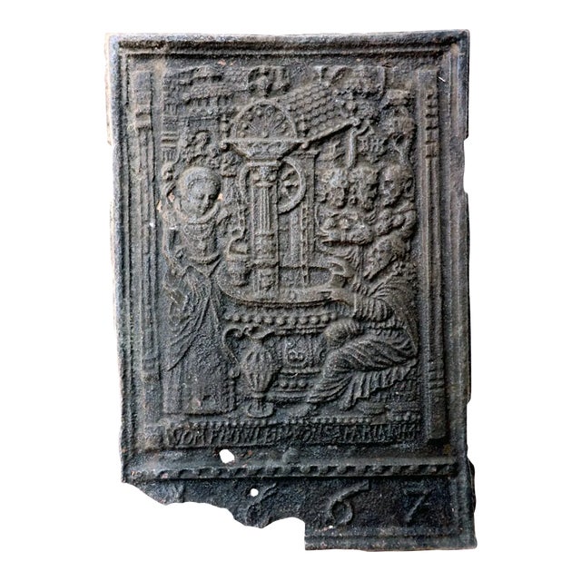 17th Century Swedish Baroque Cast Iron Fireplace Stove Plate Panel / Fireback For Sale