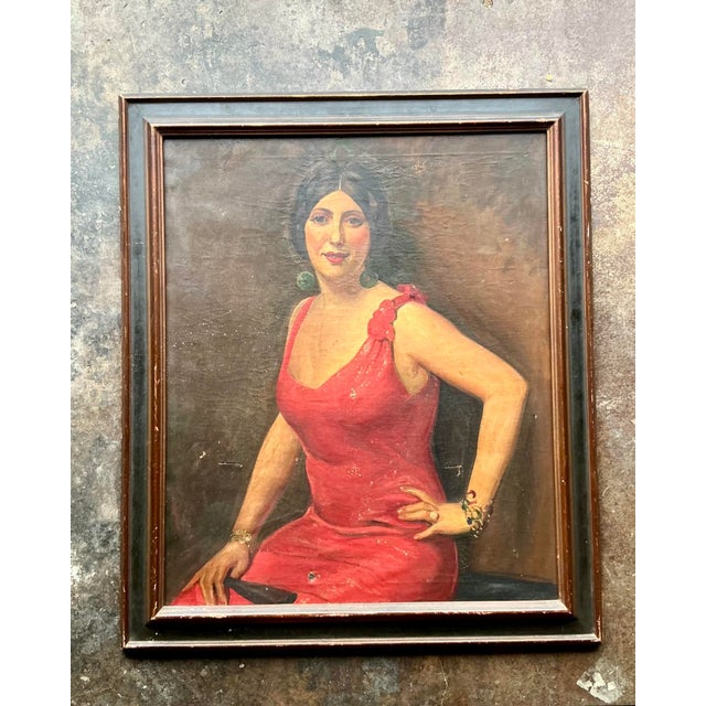 Vintage Boho Original Art Deco Oil Portrait of Woman For Sale - Image 4 of 9