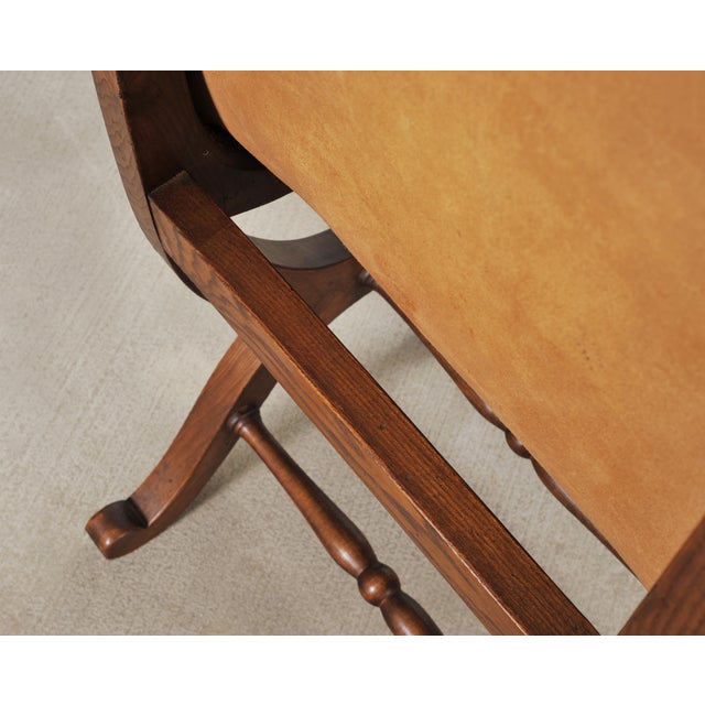 Set of Eight French Provincial Leather Oak Curule Dining Chairs For Sale - Image 15 of 18