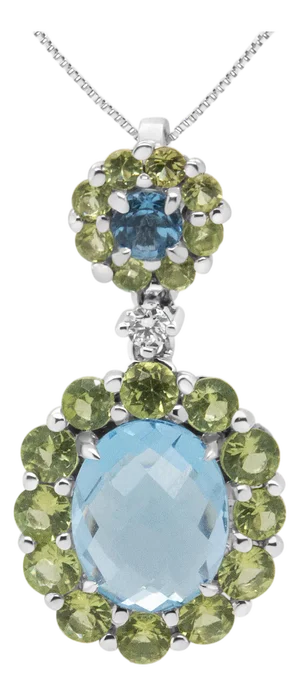 18k White Gold 0.05 Cttw Round Diamond and Blue Topaz and Green Peridot Gemstone Halo Drop 18" Pendant Necklace (F-G Color, VS1-VS2 Clarity)